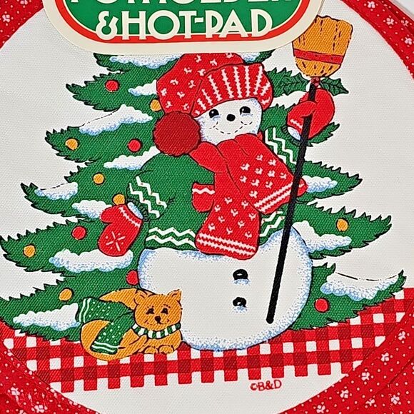 Vtg B & D Christmas Snowman Pot Holder Hot Pad Set NOS Tree Cat Kitchen Kitsch - Picture 2 of 6